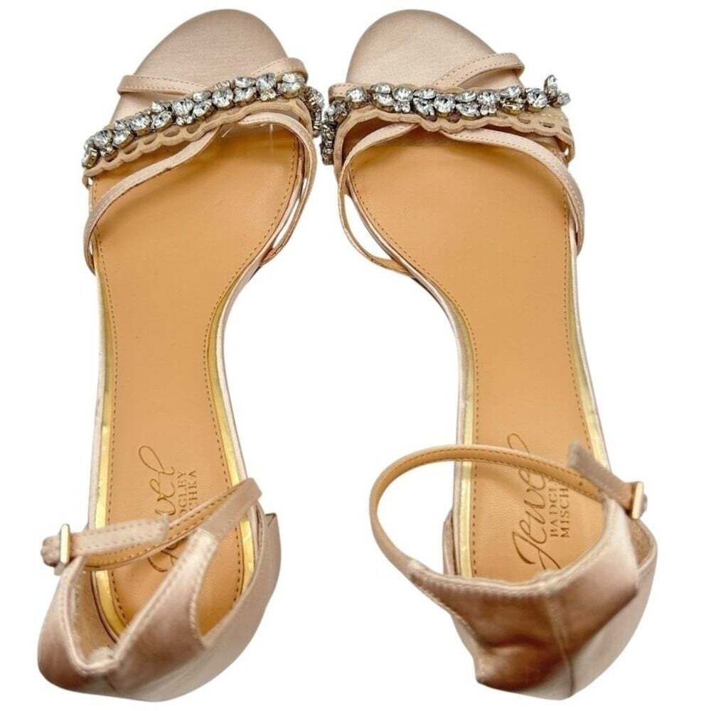 Jewel Badgley Mischka Champagne Satin Crystal Embellished Block Heels Size 8.5 - Picture 8 of 15